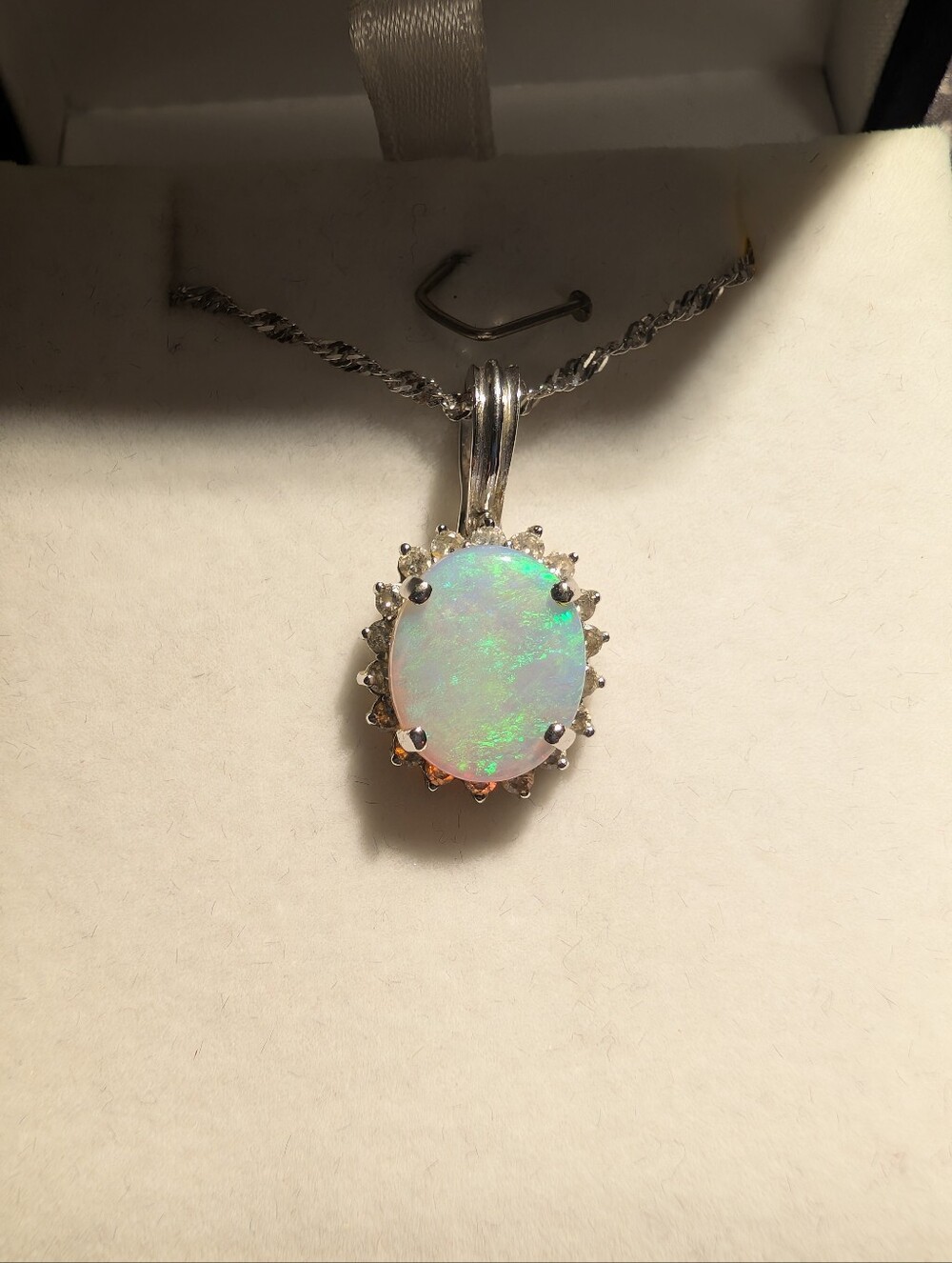 14K White Gold Opal Pendant With 14K Chain
